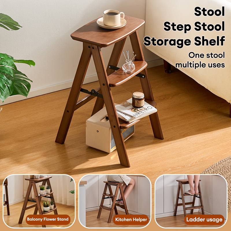 LACCOHUG Solid Wood Folding Ladder 3 Steps Stool Floor Ladder Stable ...