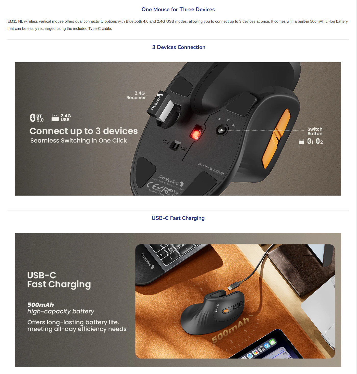 ProtoArc EM11 NL Rechargeable Multi-Device Ergonomic Vertical Mouse ...