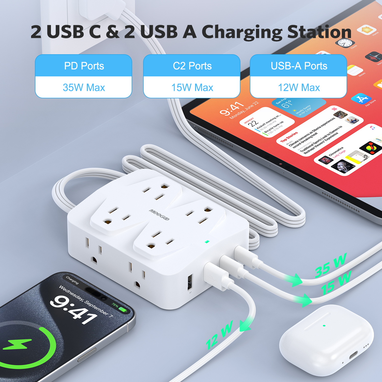 MeeGoo Extension Cord Portable Ultra Thin Power Strip Flat Plug with ...