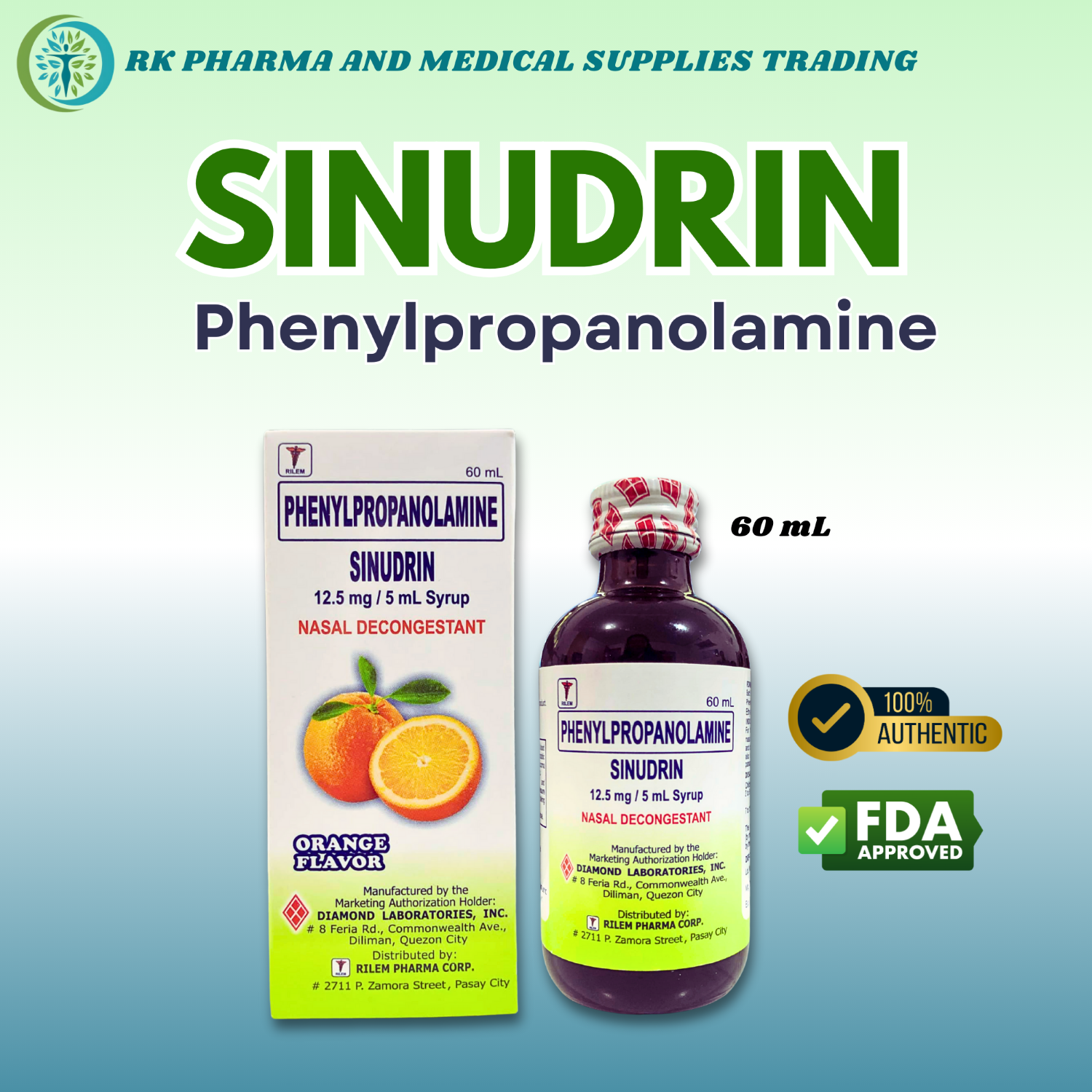 Sinudrin Syrup Phenylpropanolamine 60mL / 15mL drops [100% FDA Approved ...