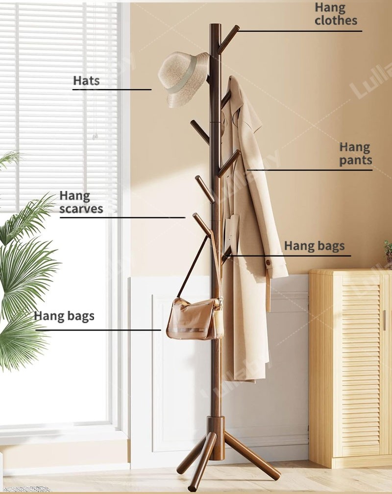 Solid Wood Bag Rack Stble Stand Coat Rack 8 Hooks Wooden Clothes Rack ...