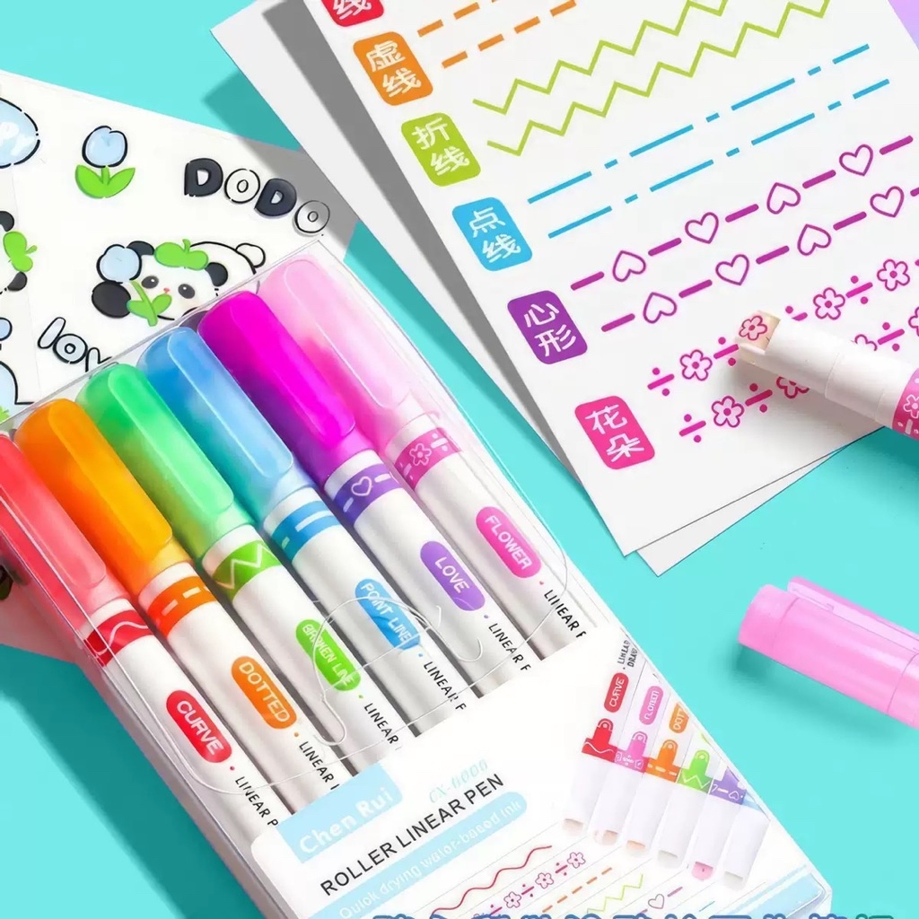HS. 6pcs/set Linear Curve Highlighter Color Pen Roller Tip Curve Liner ...