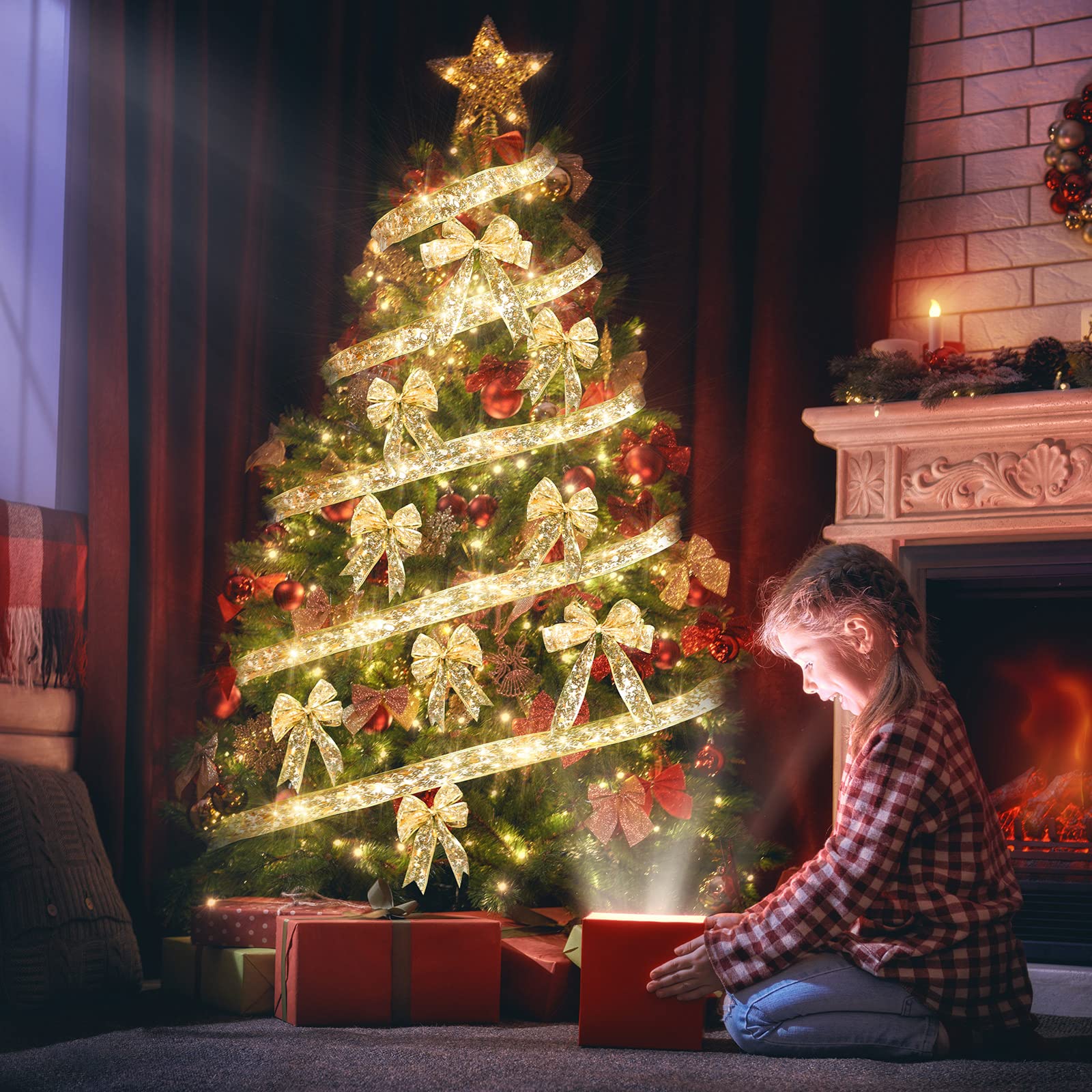 Christmas Ribbon with Lights 4M 100 LED Battery Operated Colorful ...