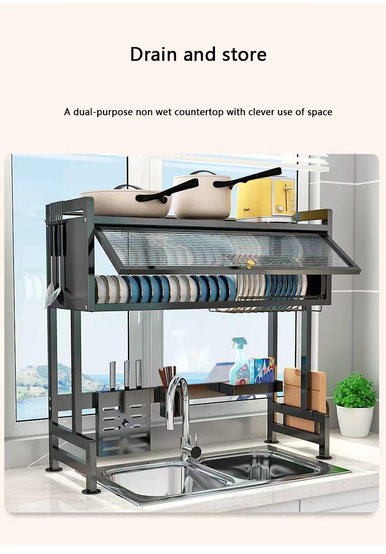 Metallic Dish Rack Dustproof Kitchen Drain With Cabinet Door Drying ...