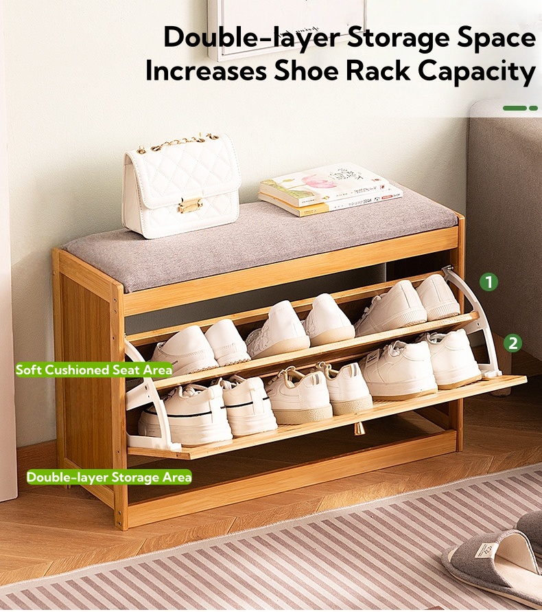 TAHANAN Bamboo Flip Bucket Shoe Stool Double Layers Shoe Rack Organizer ...