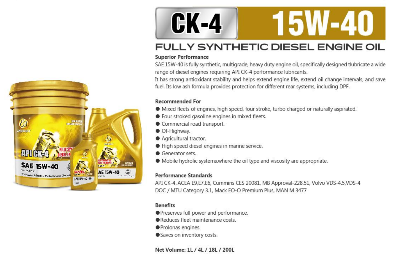 Medex Taiwan Fully Synthetic Diesel Engine Oil API CK-4 SAE 15W40 ...