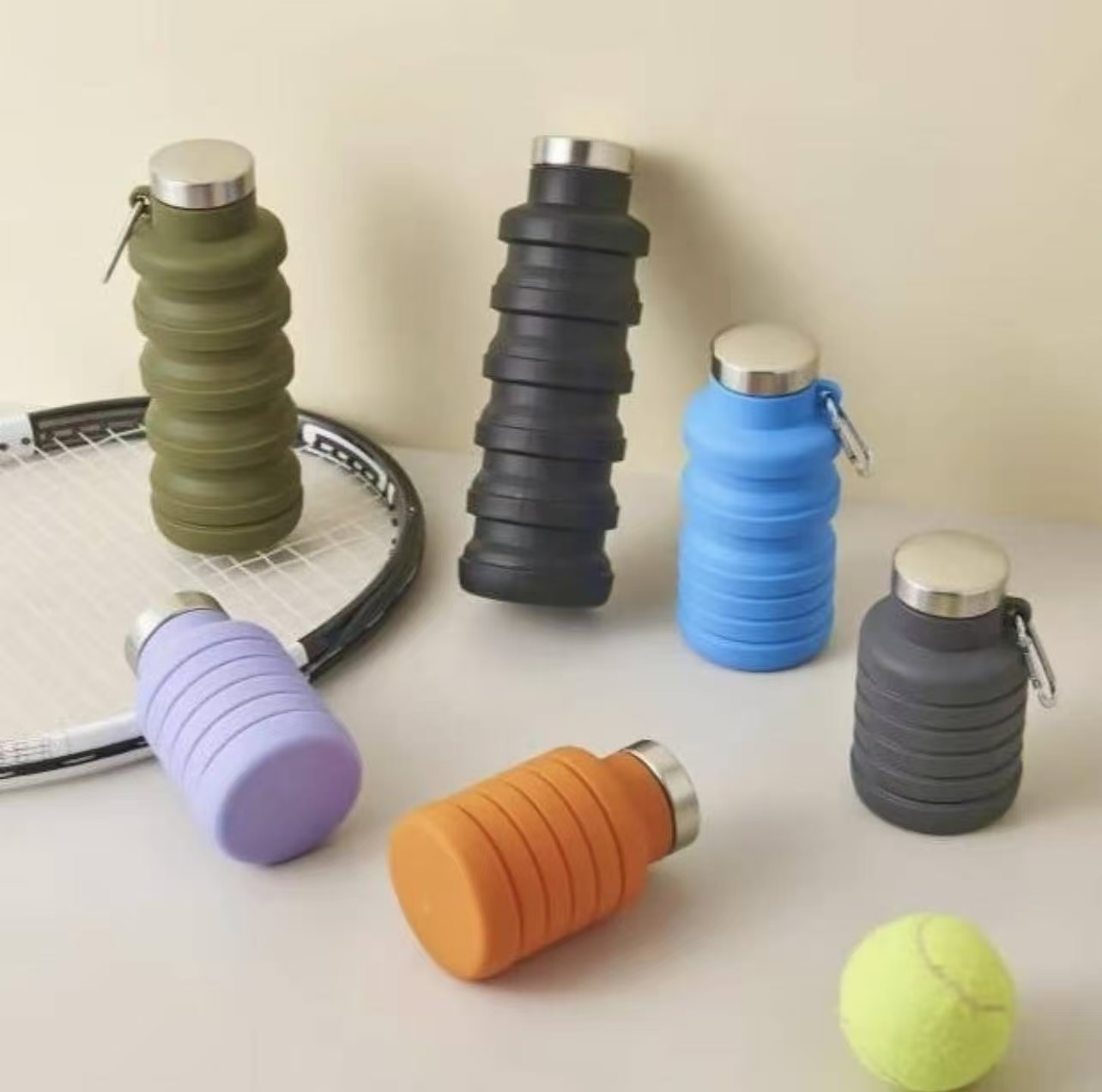 500ml Collapsible Silicone Water Bottle with Clip Portable Travel Sport ...