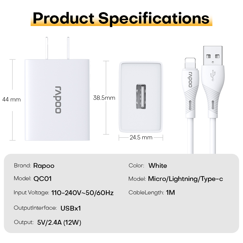 Rapoo QC01+SX01 Fast Charger USB to Micro USB Cable for Android (White ...