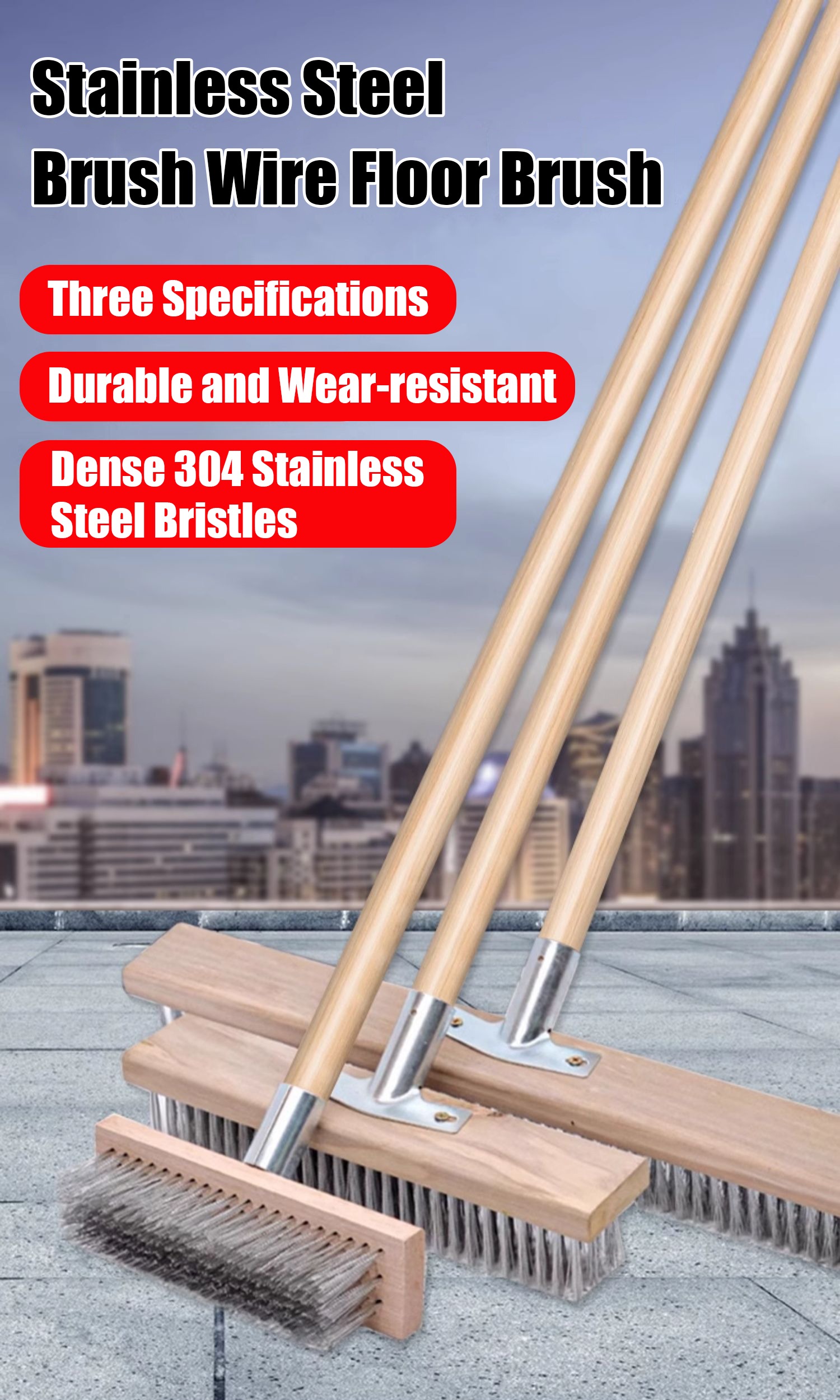 floor scrub wire brush with wood long handle for cleaning bathroom ...