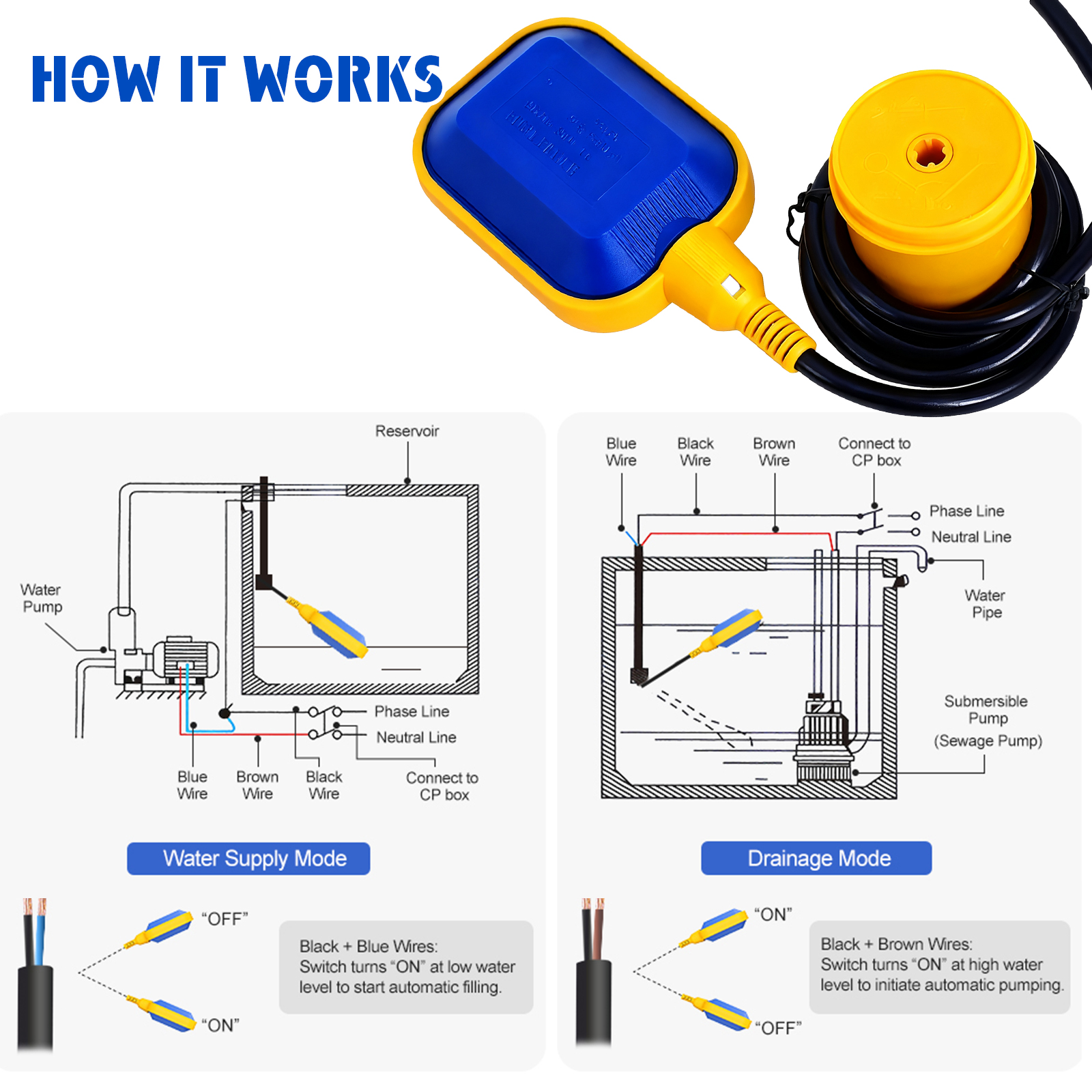 Cable Type Float Switch Liquid Fluid Water Level Controller Sensor ...
