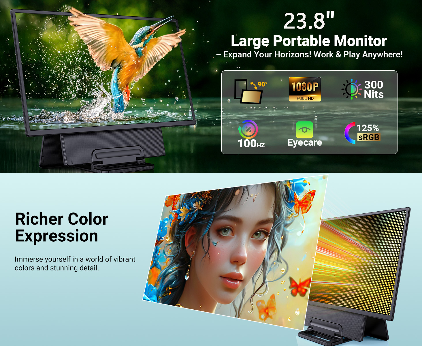 23.8-inch portable monitor, 1080P FHD 100Hz IPS laptop expansion screen ...