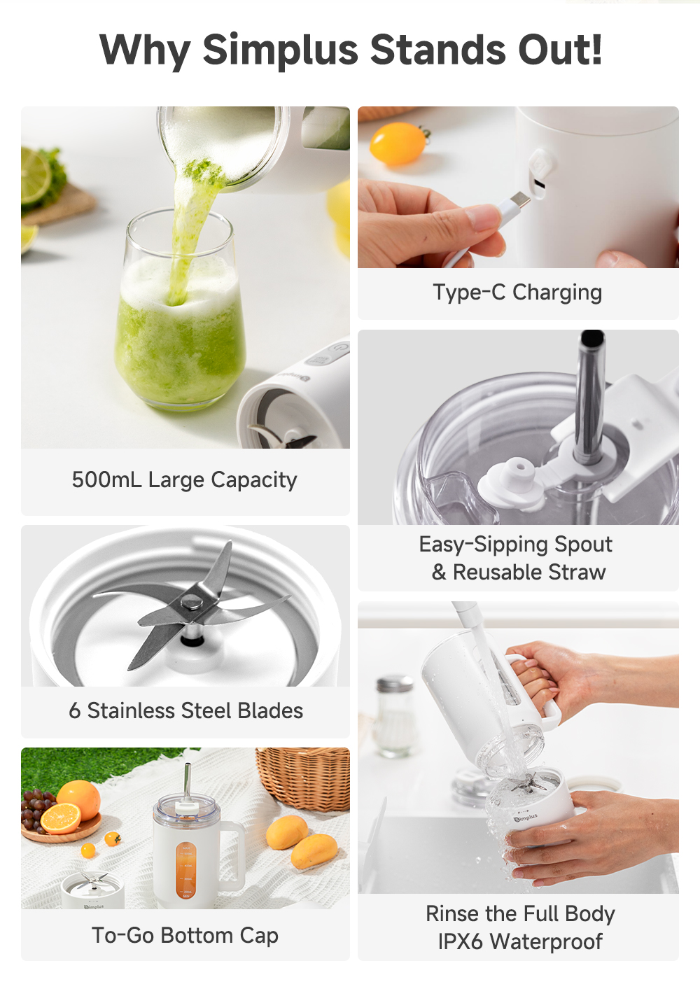 Simplus Portable Blender Wireless Juicer Cup Fashionable To-Go Travel ...