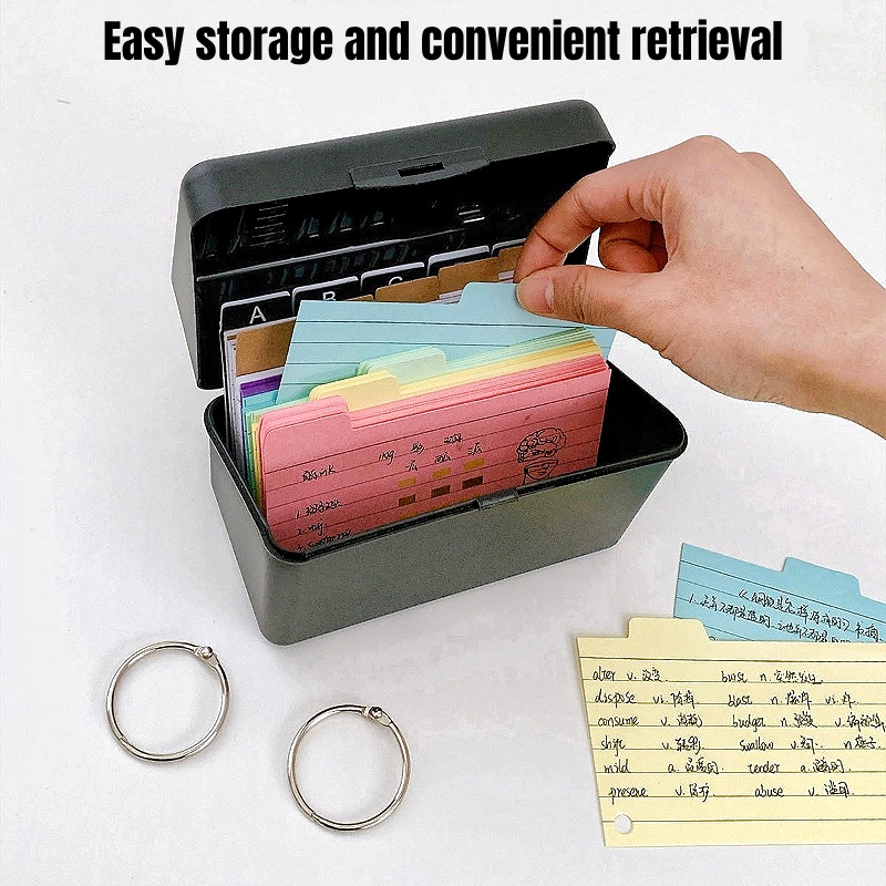 Index Card Holder Box with Dividers Labels Stickers 6-color Index Memo ...