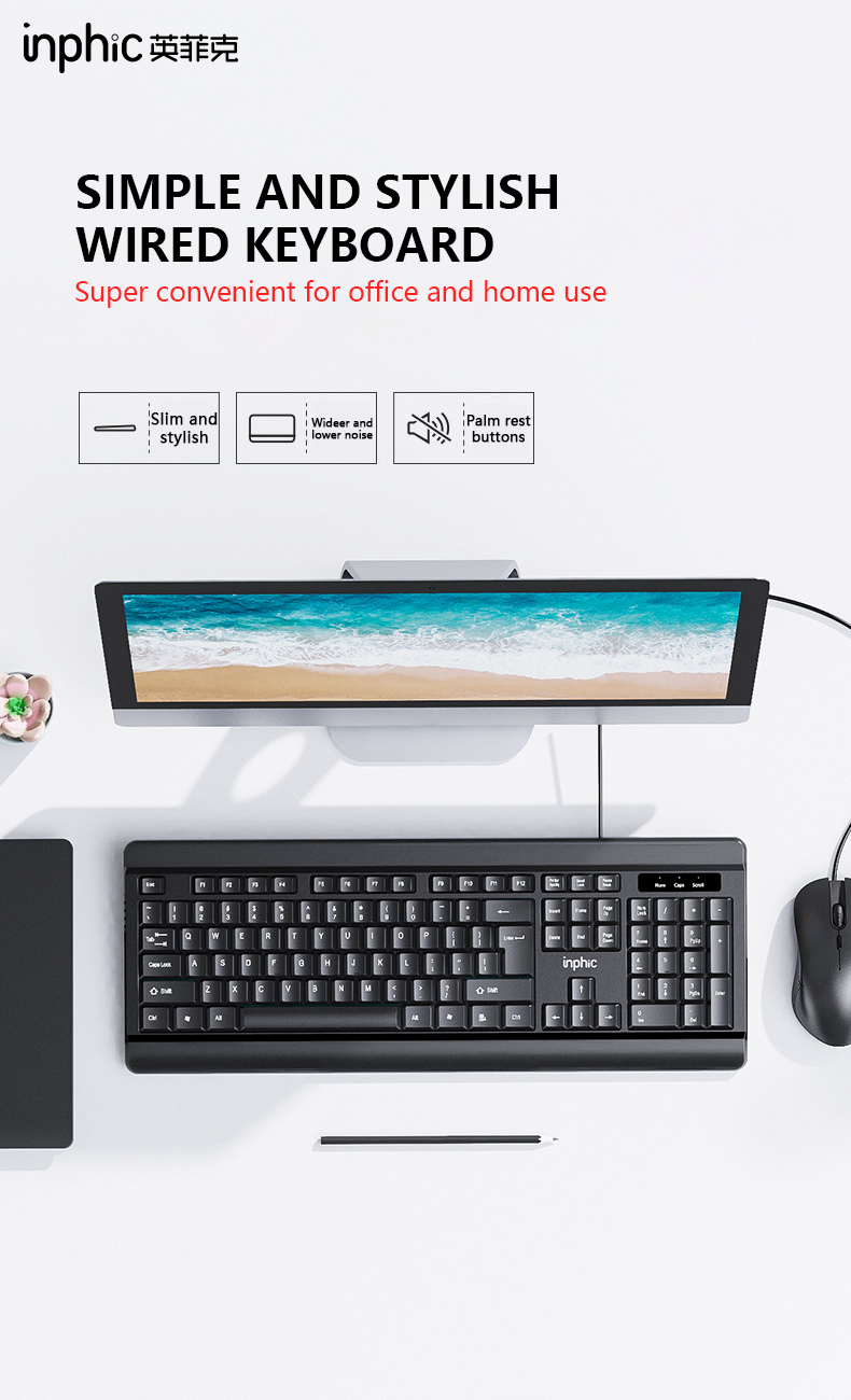 inphic V580 Business Wired Keyboard Quiet Comfortable Waterproof and ...