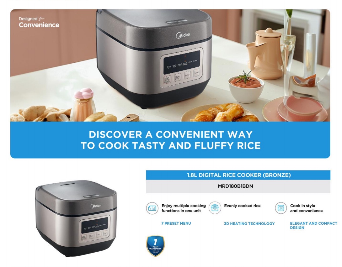 Midea 1.8L Digital Rice Cooker Bronze with 7-Preset Function Compact ...
