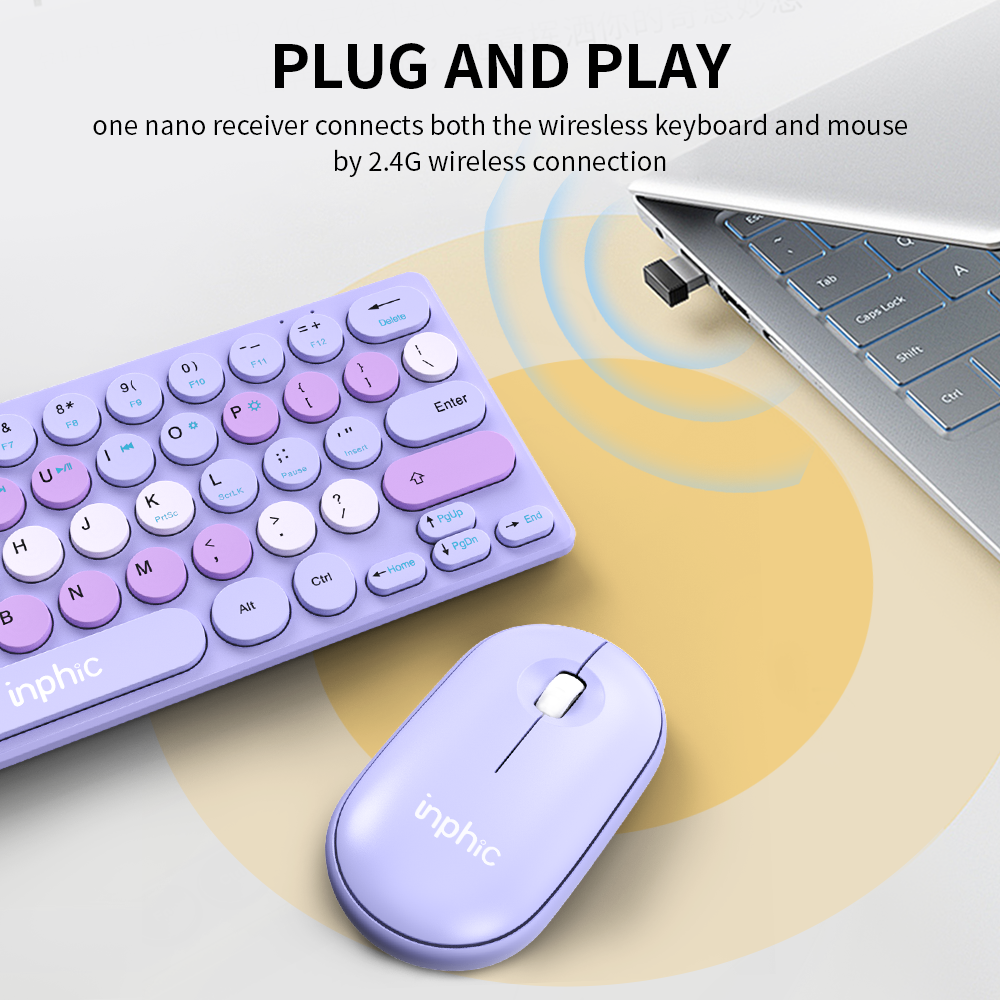 INPHIC 64 Keys Round Keycap Wireless Keyboard and Mouse Set For Home ...