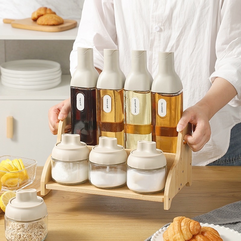 Automatic Opening Lid Glass Oil Bottle Seasoning Bottle and Wooden Rack ...