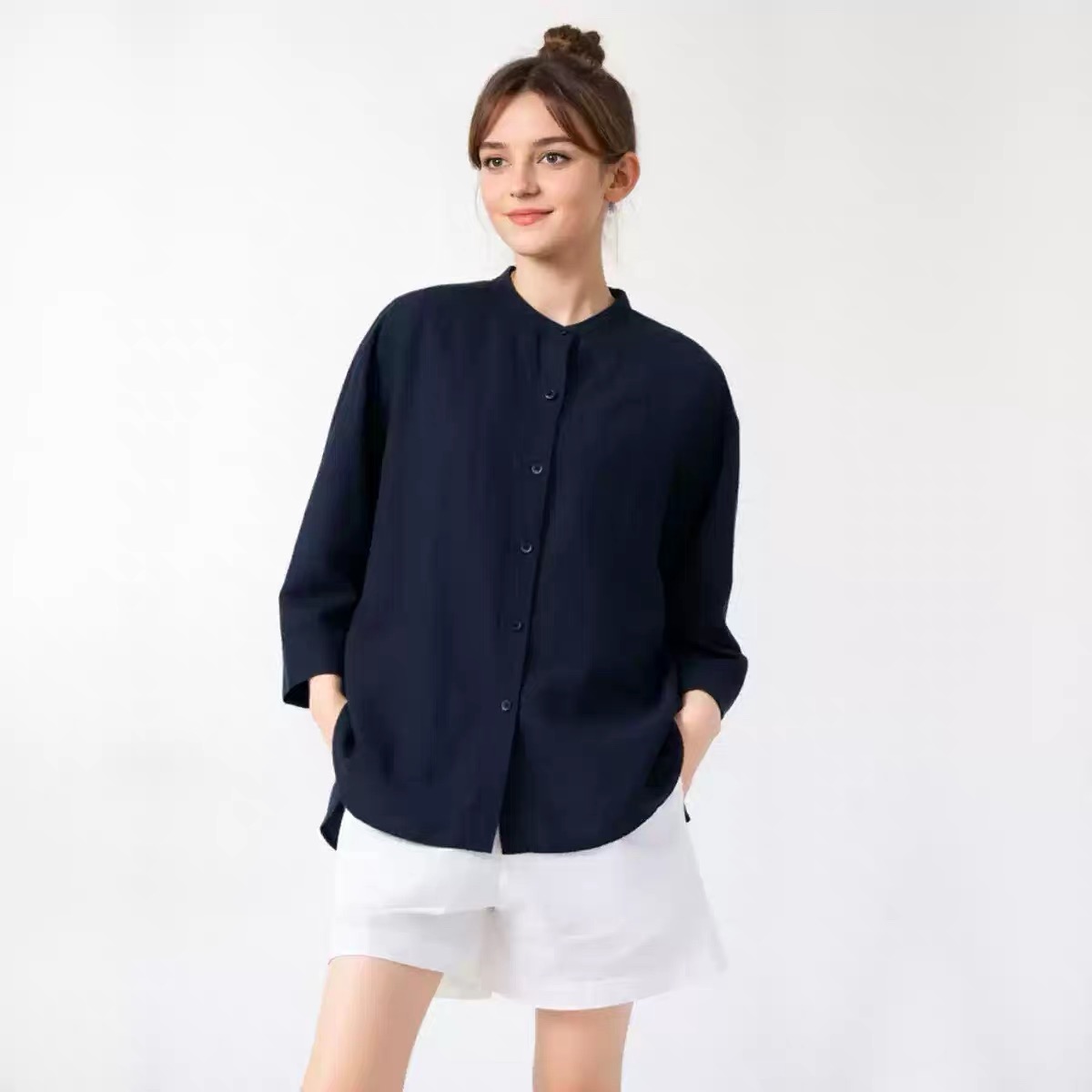 HUILISHI Elegant and Classy 3/4 Sleeves Plain Blouse Soft Cotton Linen ...