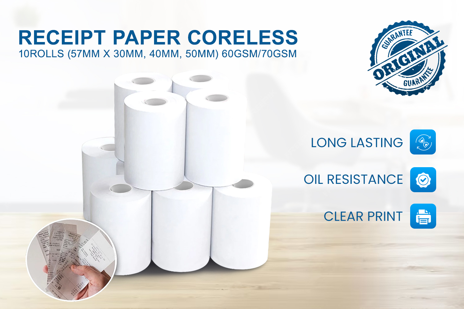 Receipt Paper Core 10ROLLS (57mm x 30mm, 40mm, 50mm) 70GSM for POS ...