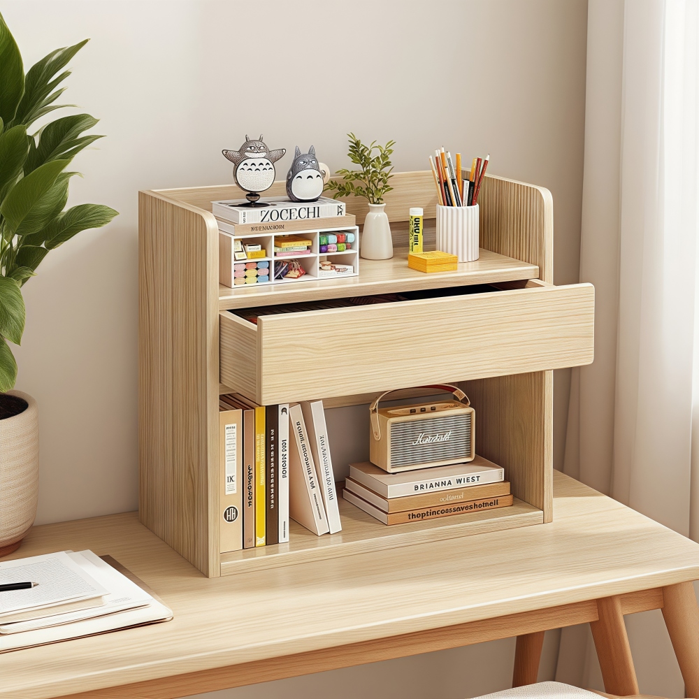 Desktop Bookcase with Drawer Wooden Bookshelf Office Study Desk Storage ...
