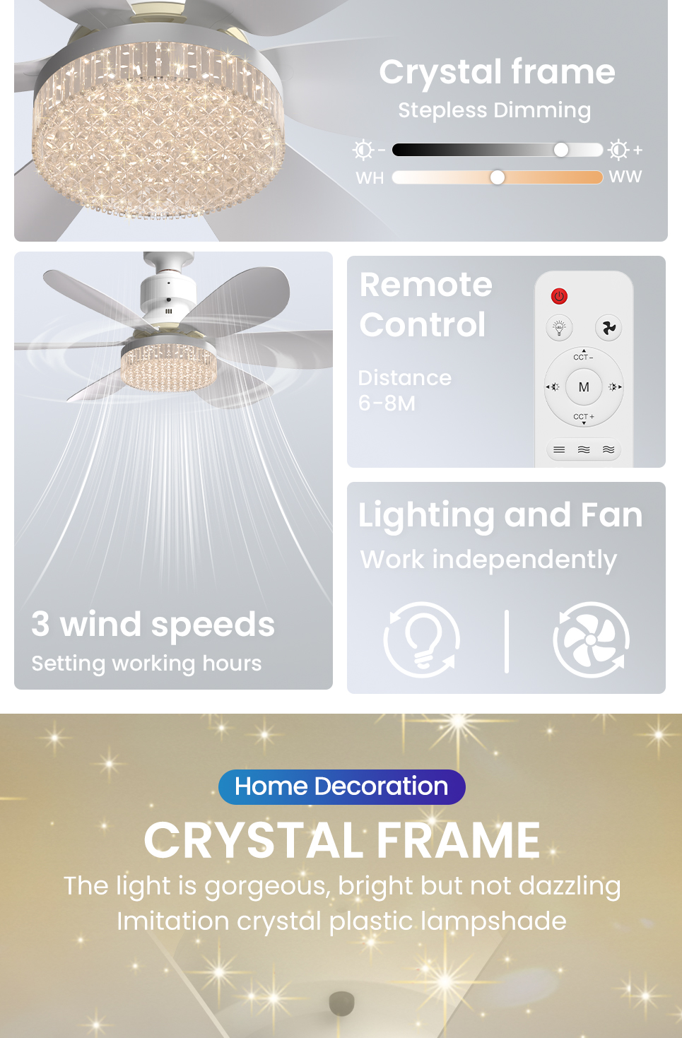 RONG RIVER 40W LED Crystal Ceiling Fan With Light Remote Control 3 ...