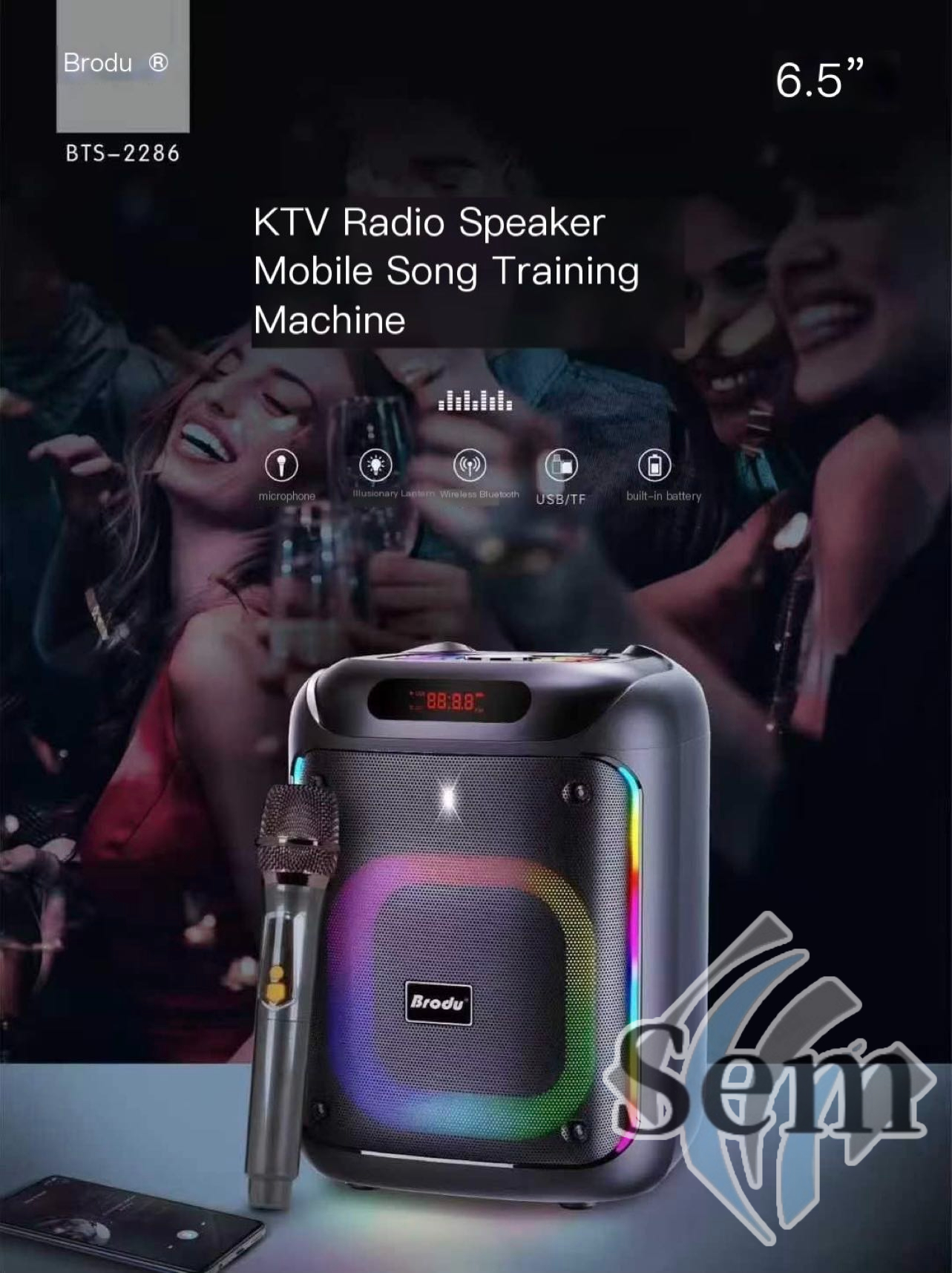 Brodu BTS-2286 RGB Portable Subwoofer Karaoke Wireless Bluetooth ...