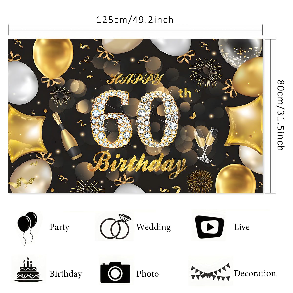 Birthday Backdrop Decoration Cloth 49*31.5 Inch Black Gold Happy ...
