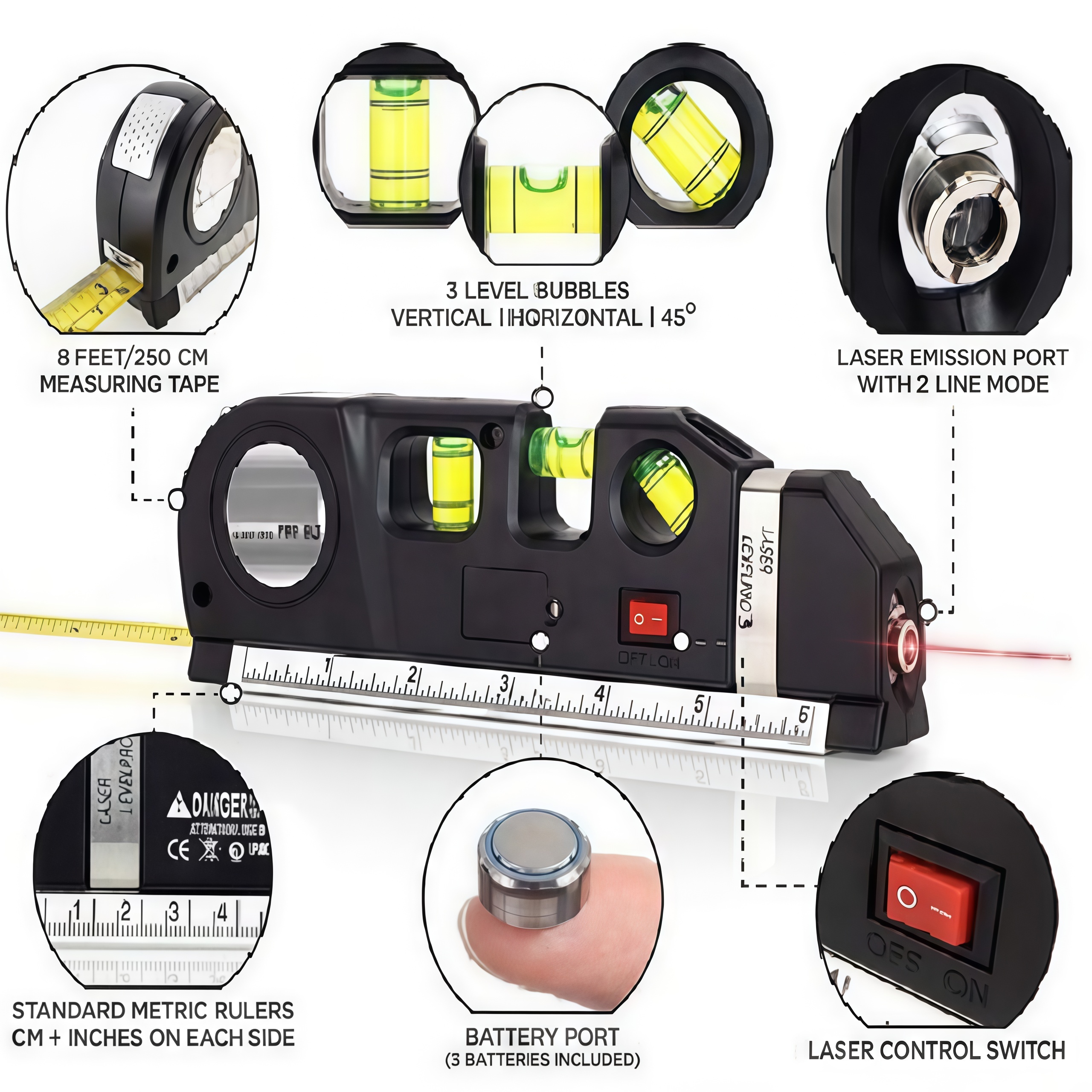 Laser Level Aligner Horizon Vertical Line Measure Tape Ruler ...