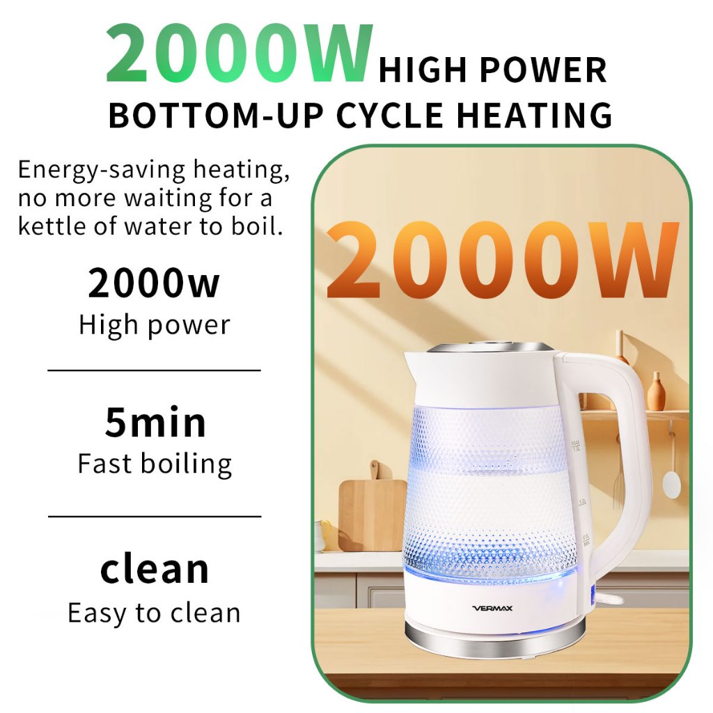 Vermax Electric Water Kettle 2000W High Power Glass Electric Kettle 1 ...
