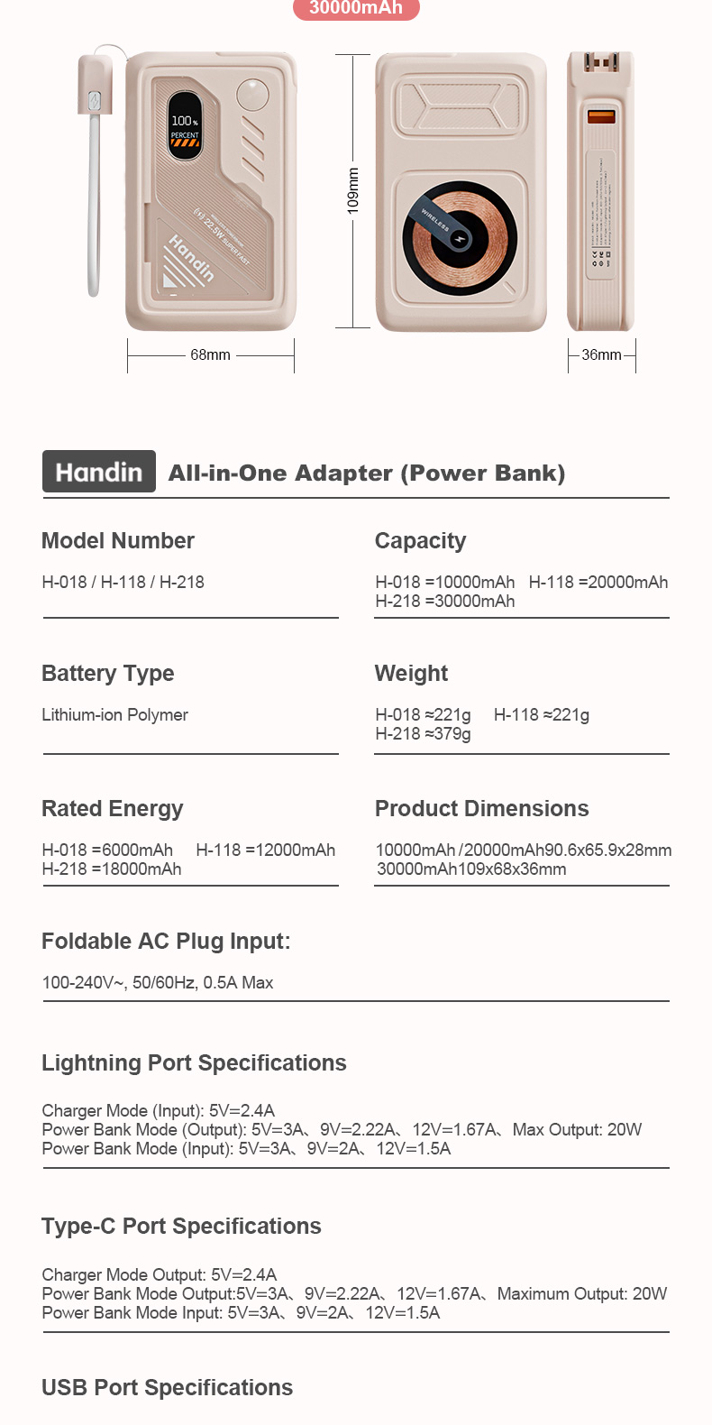 Handin 30000mAh Magnetic Powerbank Fast Charging PD 35W DUAL Built in ...