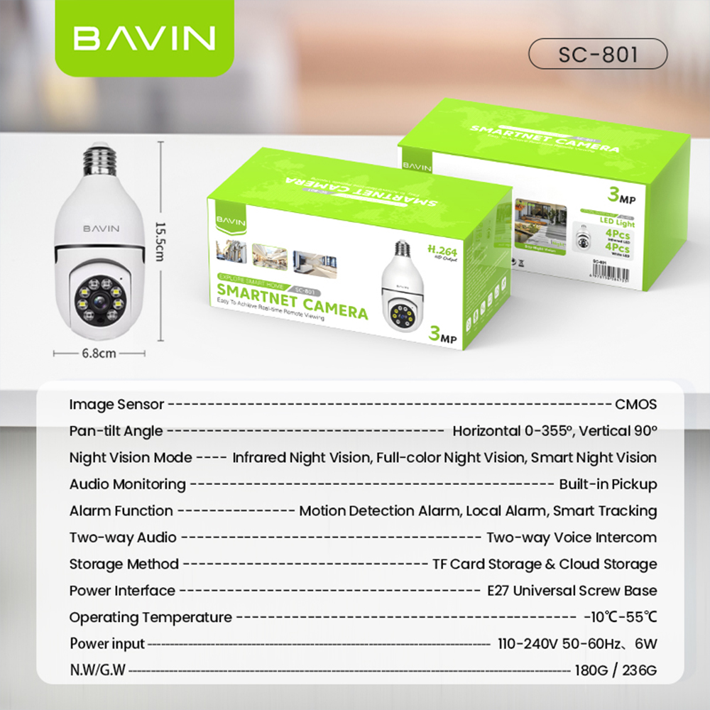 BAVIN SC801 Smart Security Lens Bulb CCTV Camera 3MP WiFi Camera w ...