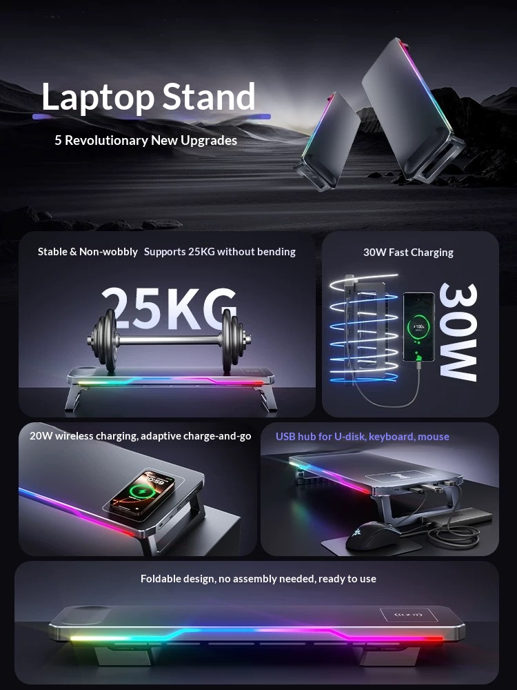 RGB Desktop Monitor Riser with wireless charging Multifunction Foldable ...