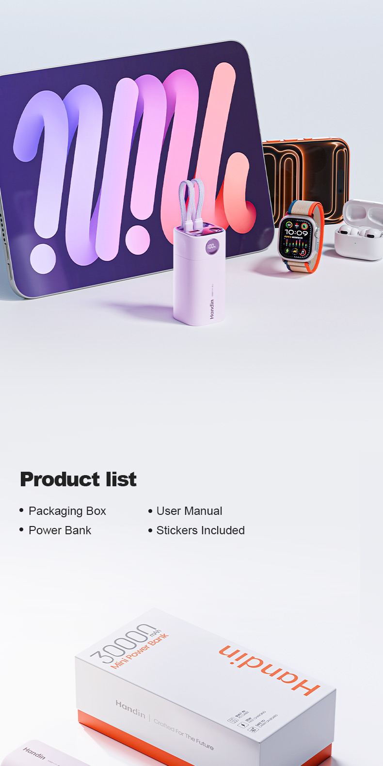 Handin Powerbank 30000mah 35W Fast Charging Built in Dual Cable LED ...
