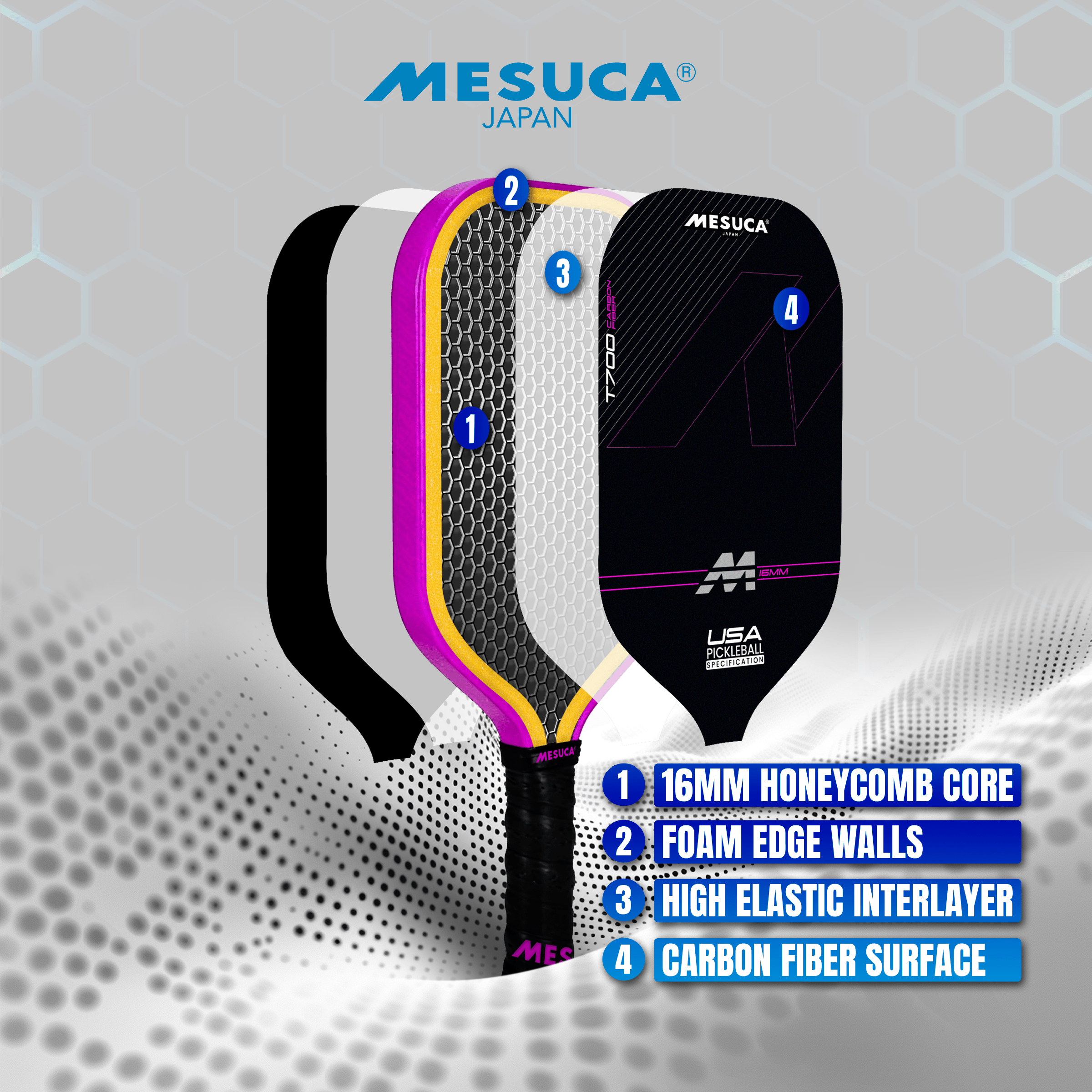 Mesuca Japan Sports | Pickleball Paddle T700 Carbon Thermoformed 16mm ...