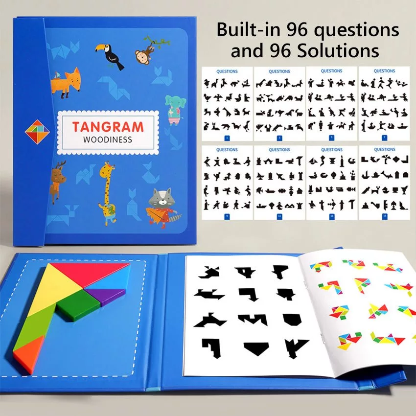 Children Wooden Magnetic Tangram 3D Geometric Shape Colored Puzzle Kids ...