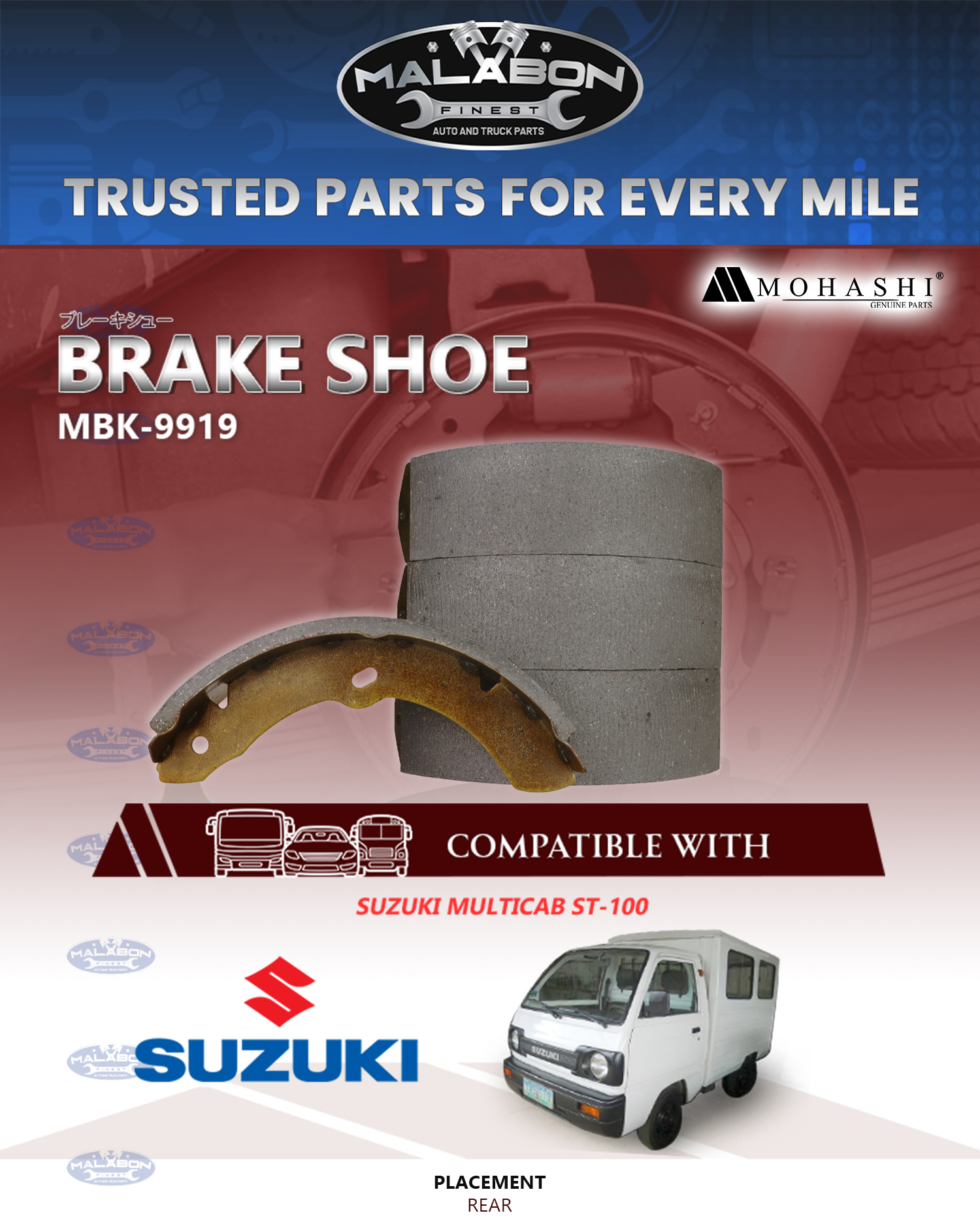 SUZUKI MULTICAB ST-100 REAR BRAKE SHOE MOHASHI MBK-9919 (4 PCS ...