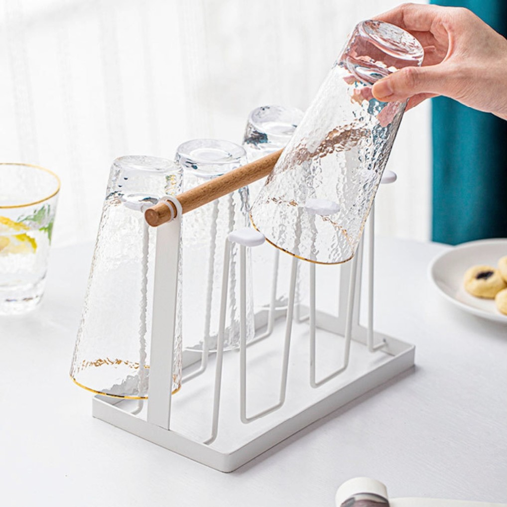 Wooden Handle Wrought Iron Cup Holder Drain Cup Shelf Cup Rack Coffee ...