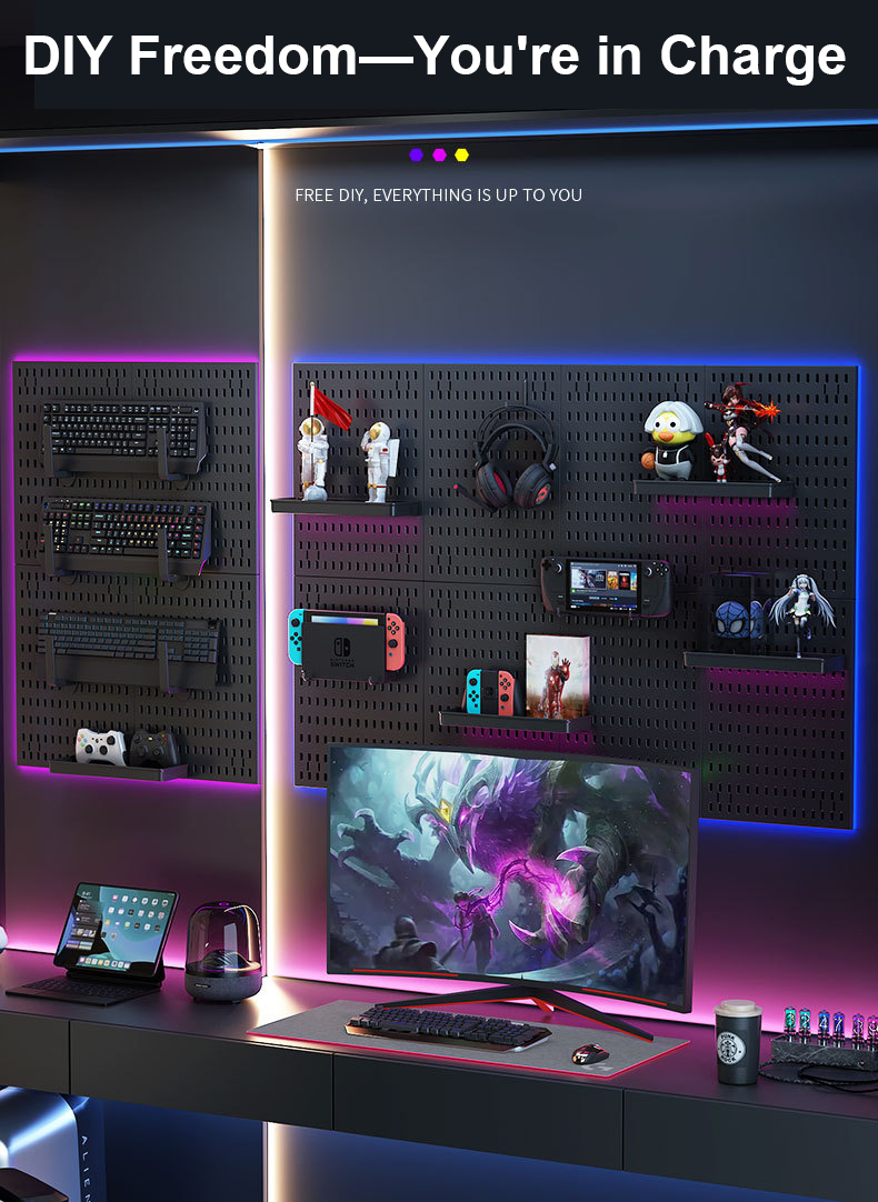 Gaming room pegboard storage rack black wall-mounted computer desk wall ...