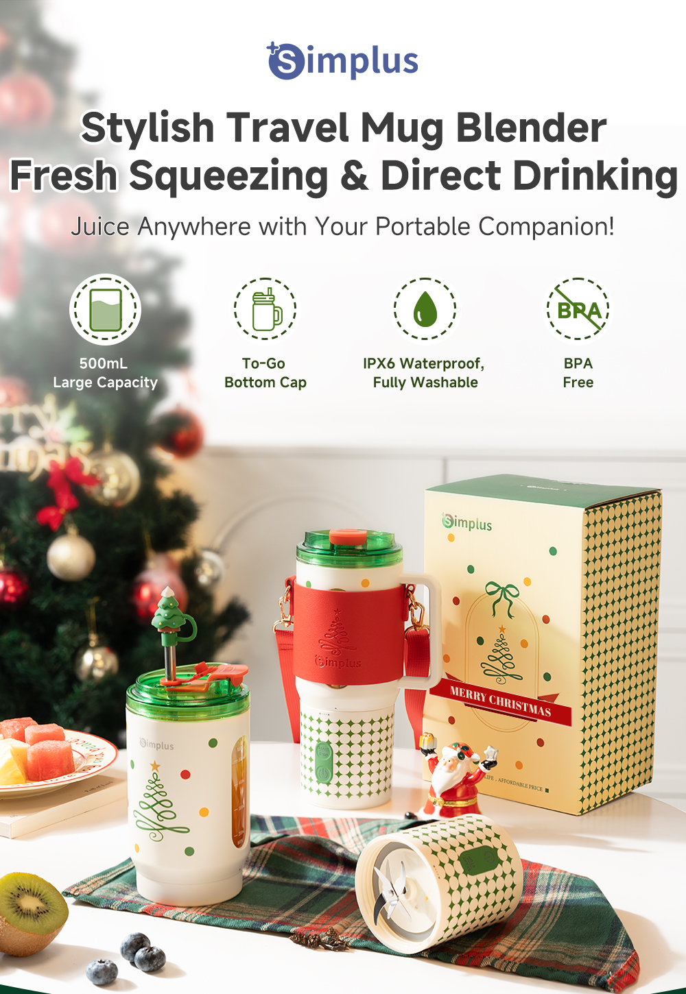 Simplus Christmas Portable Blender-Wireless Juicer 500mL IPX6 Stainless ...