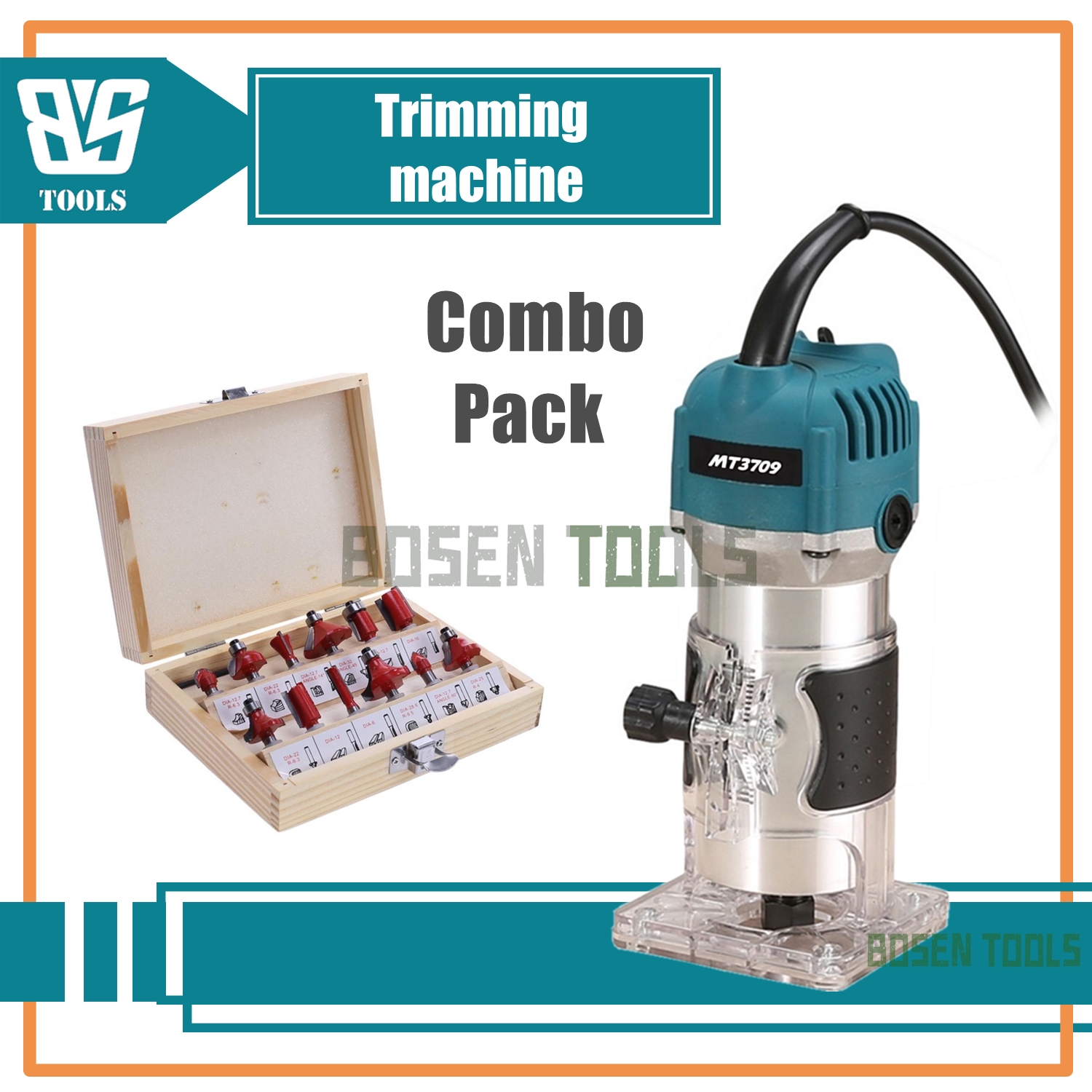 BosenTools 500W Professional MT3709 Palm Wood Trimmer/Router with 12Pcs ...