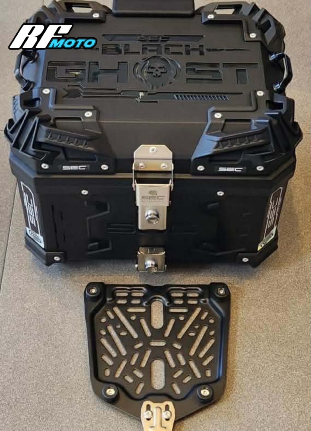 SEC BLACK GHOST 38L HARD PLASTIC DUAL LOCK TOP BOX WITH METAL BASE ...