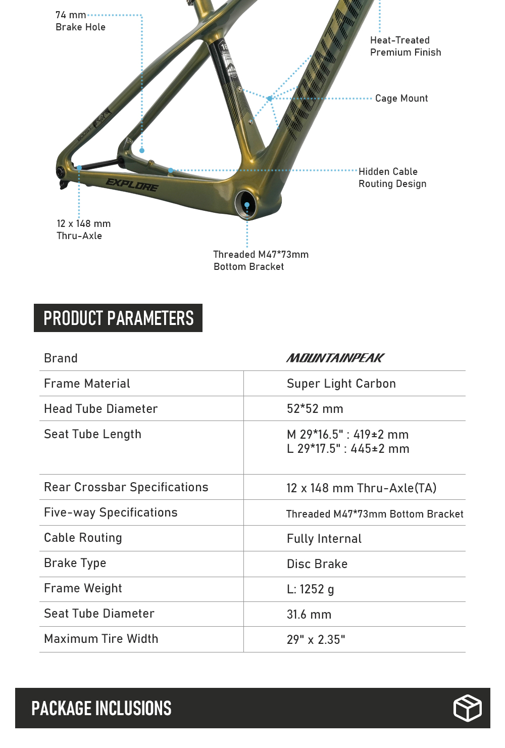 MOUNTAINPEAK EXPLORE 2026 29er Carbon Frame MTP Boost Thru Axle W/Bb ...