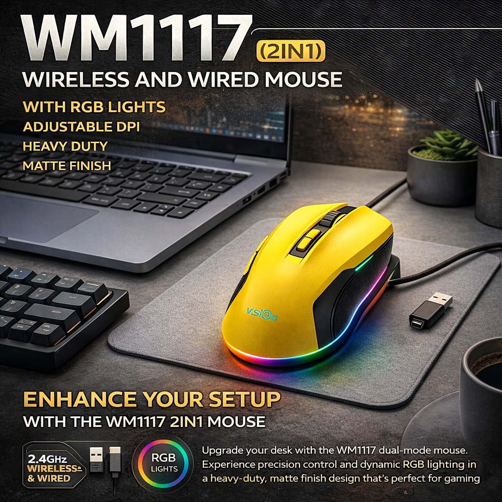 VISION WM1117 2-in-1 RGB Gaming Mouse Wireless & Wired Adjustable DPI ...