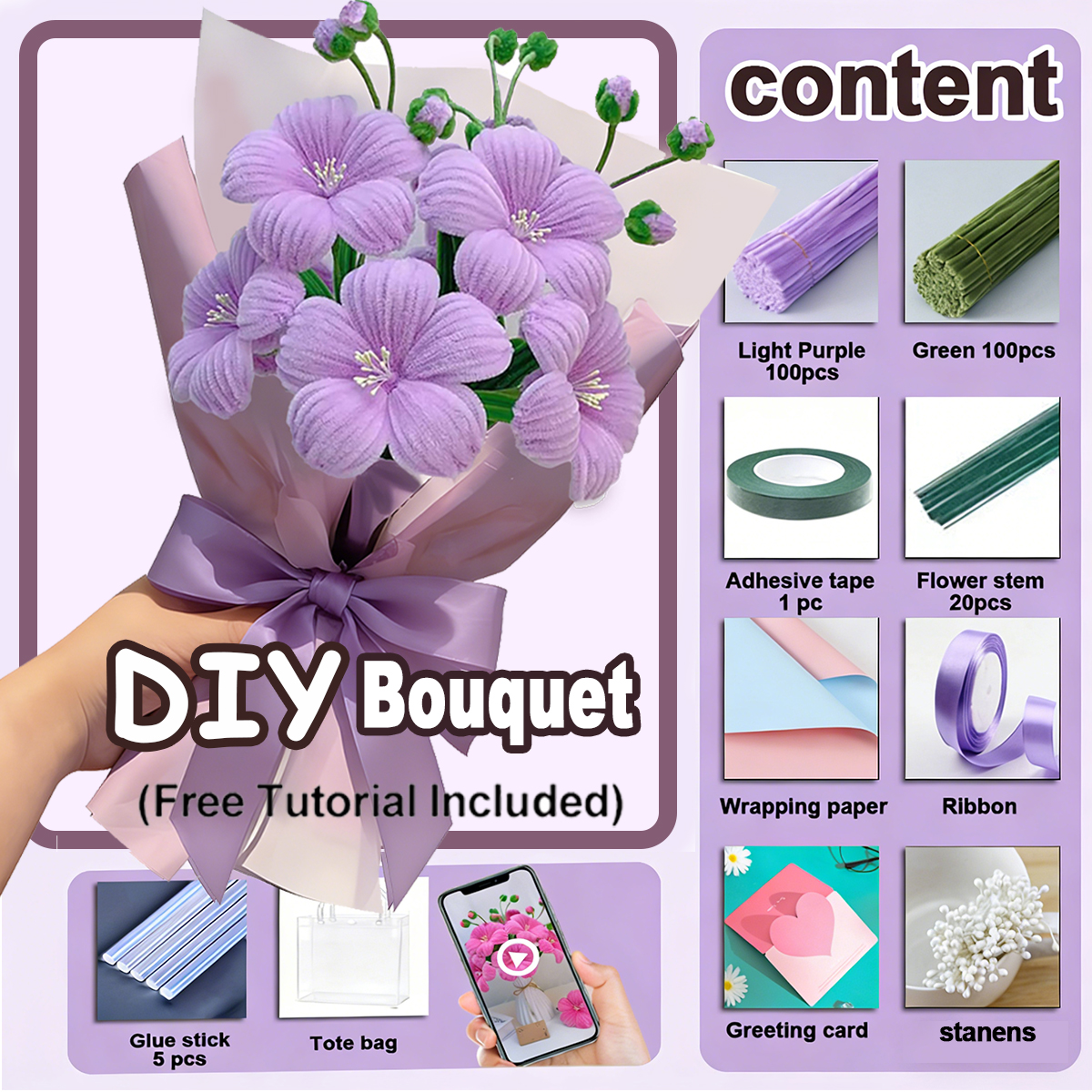 Complete DIY Fuzzy Wire Bouquet Craft Set with Wrapping Paper and ...