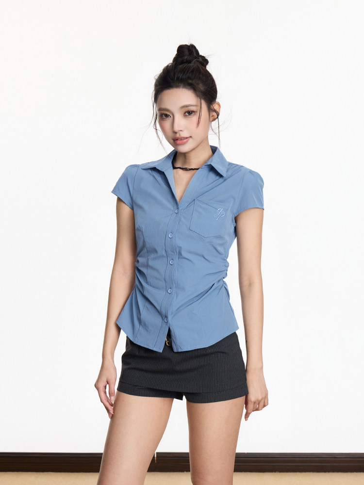 Y2K Slim Fit Cinched Waist Short Sleeve Shirt V Neck Casual Crop Top ...