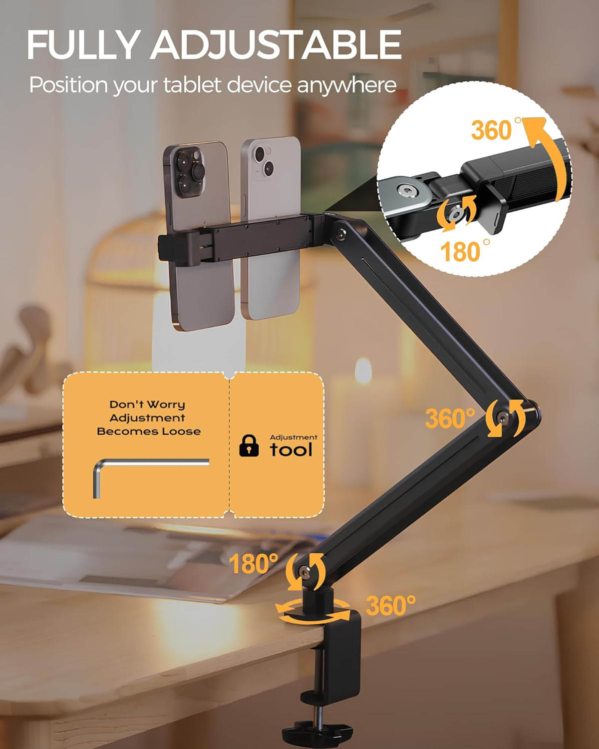 Meewoo Tablet Phone Stand 360 Rotating Long Arm Adjustable Aluminum ...