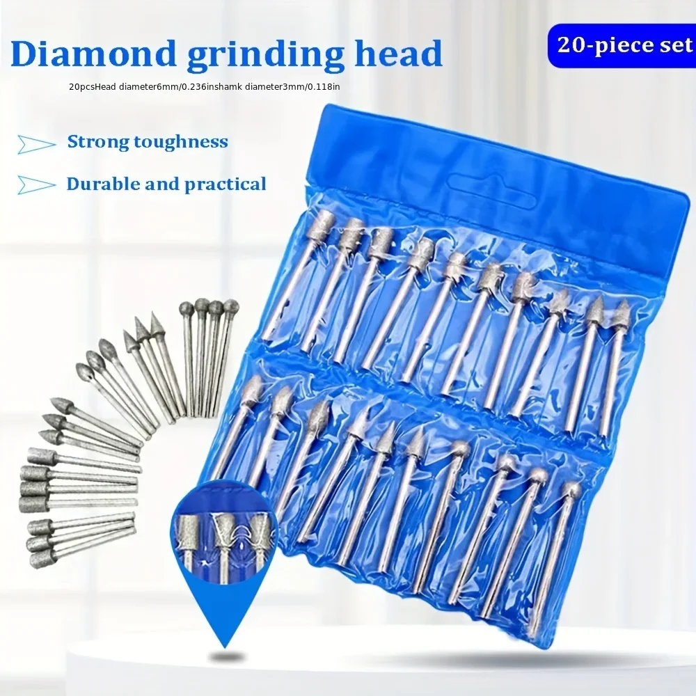 20pcs 3mm Shank Diamond Grinding Heads Mini Drill Burrs Bit Set for ...
