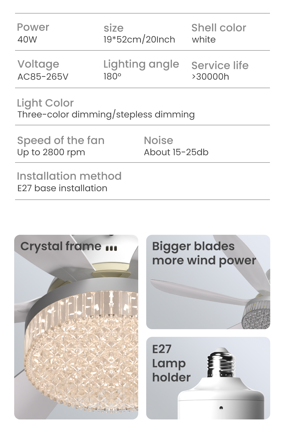RONG RIVER 40W LED Crystal Ceiling Fan With Light Remote Control 3 ...