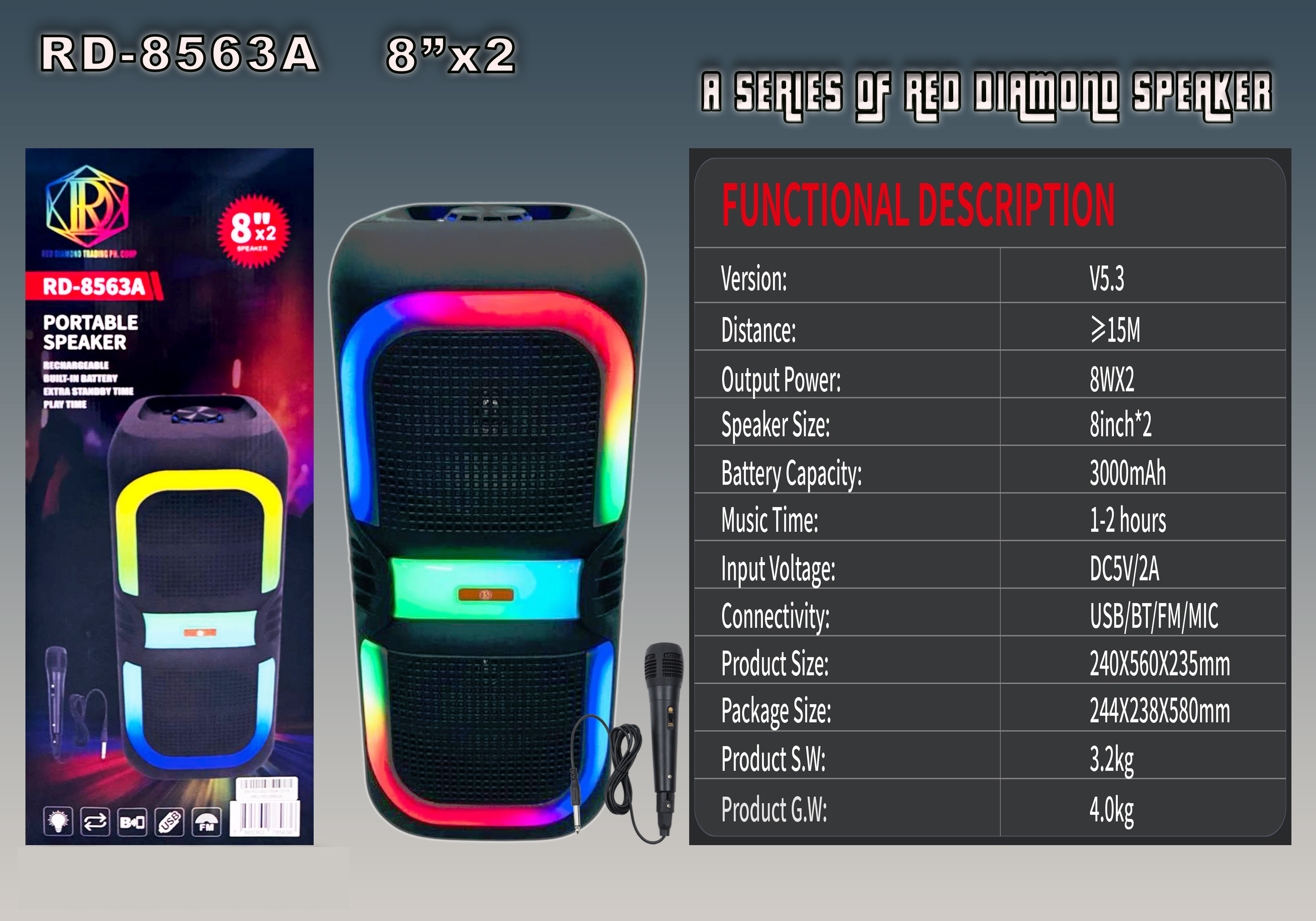 RD Wireless Bluetooth Speaker Dual 8-inchx2 with flame lamp Original ...