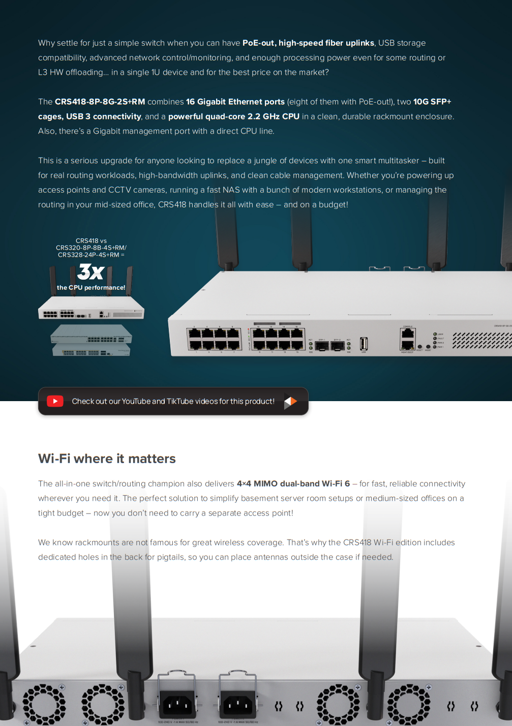 CRS418 8P 8G 2S+5axQ2axQ RM: 16 Port PoE Switch mit Wi Fi 6 & 10G SFP+ | 1U Rackmount